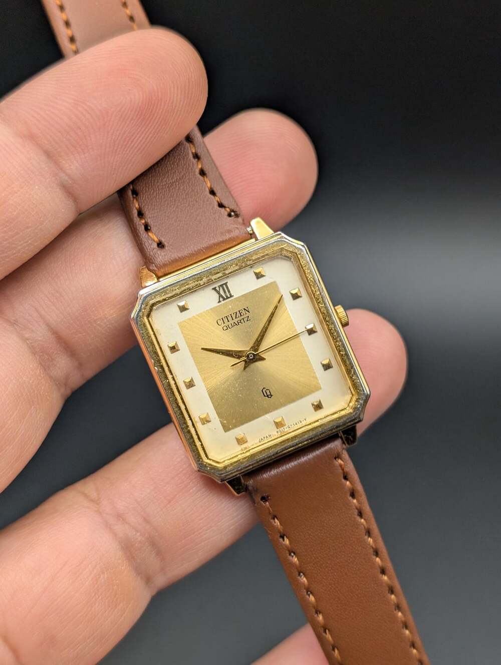 Vintage Citizen Gold-Tone Quartz Ladies Watch, Two-Tone Dial Brown Strap